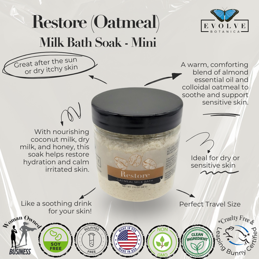Evolve Botanica Milk Bath Restore with Oatmeal in mini size, creamy bath soak with soothing oats and gentle texture.