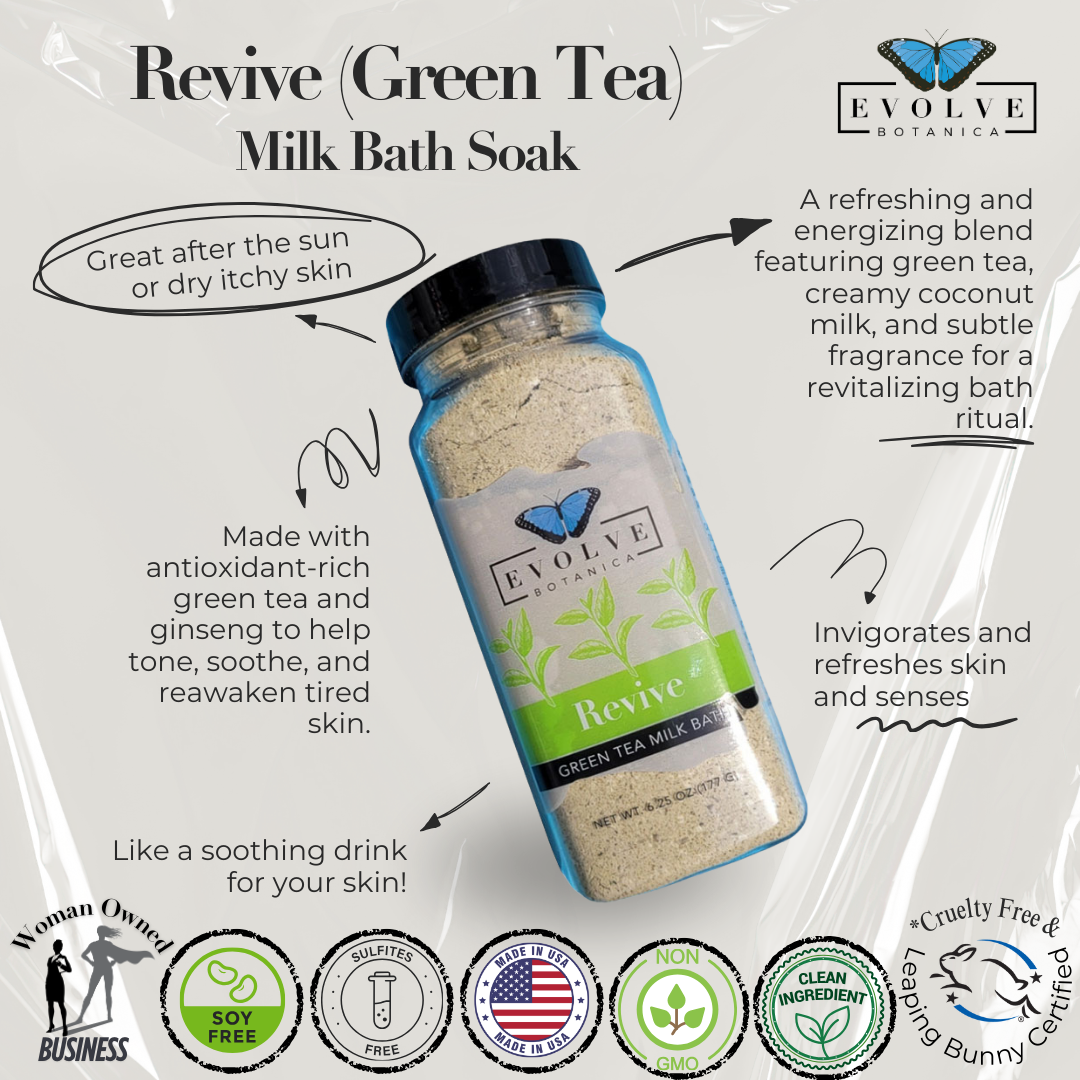 Evolve Botanica Milk Bath Revive with Green Tea in a white jar, showcasing the soothing product for relaxing bath experiences.