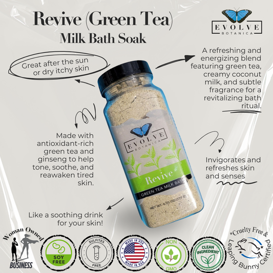 Evolve Botanica Milk Bath Revive with Green Tea in a white jar, showcasing the soothing product for relaxing bath experiences.