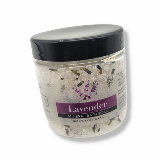 Evolve Botanica Lavender Spa Mineral Soak Bath Salt Mini jar with lavender flowers and relaxing lavender scent