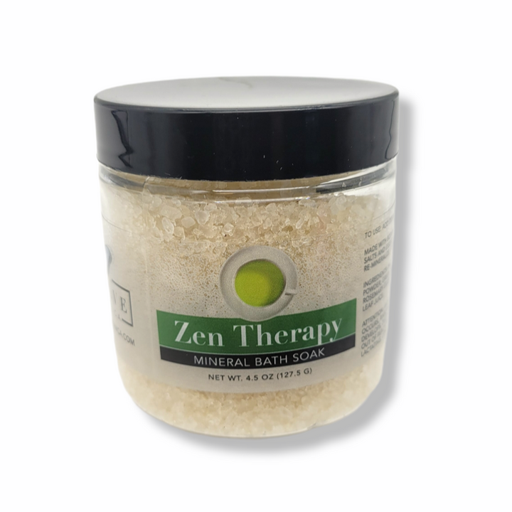 Mini Evolve Botanica Mineral Soak Zen bath salt container with pink and white label, showcasing calming botanical ingredients.