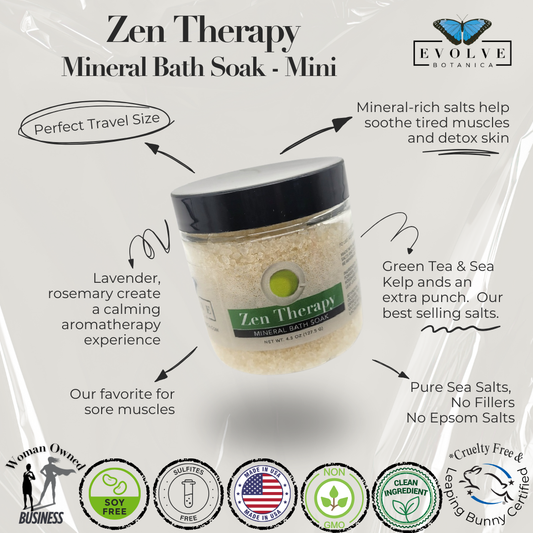 Mini Evolve Botanica Mineral Soak Zen bath salt package with soothing mineral crystals and calming label design.