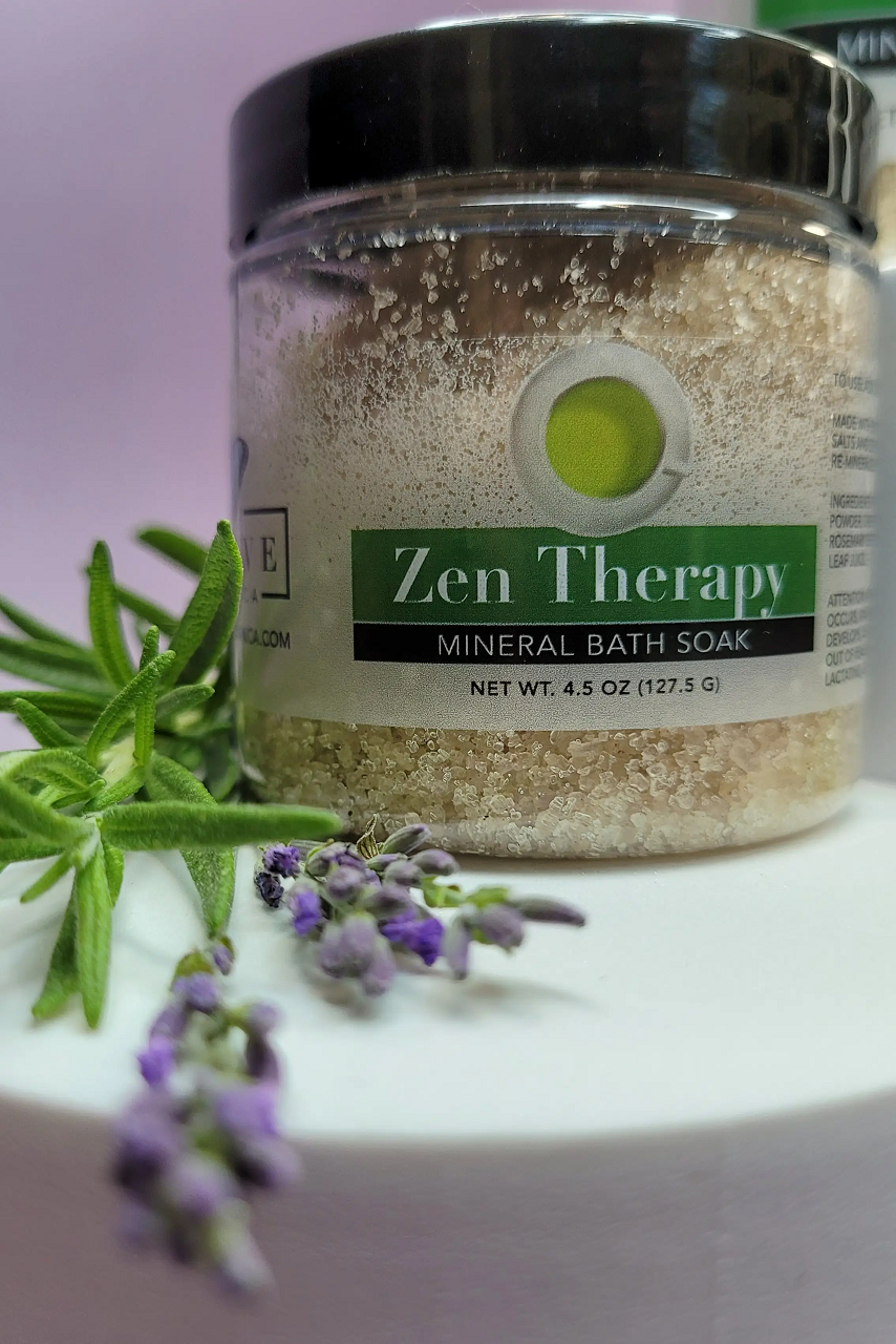 Evolve Botanica Mineral Soak Zen bath salt mini jar with natural mineral crystals for relaxing bath experience.