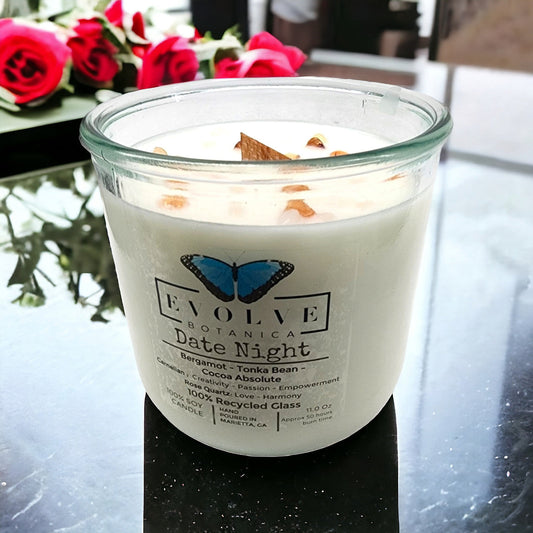 Evolve Botanica Rocks Candle Date Night with rose quartz and carnelian gemstones, featuring a wood wick soy candle.