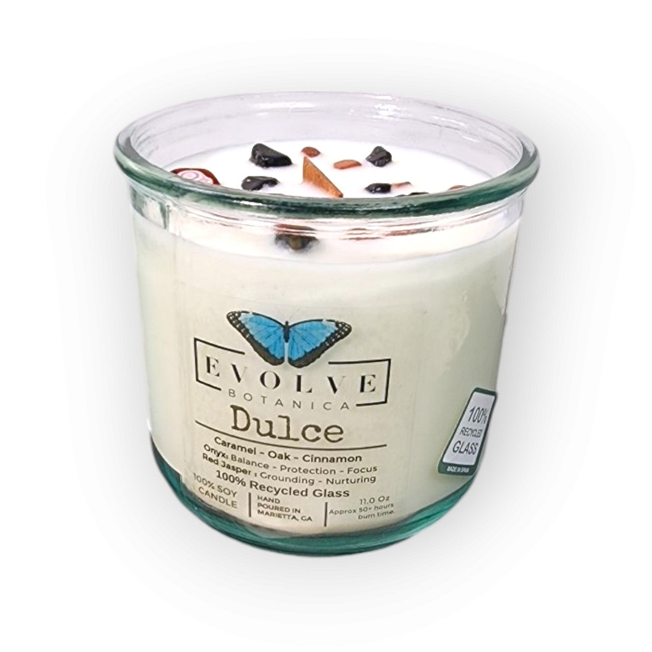 Red Jasper and Onyx gemstone soy candle with wood wick from Evolve Botanica's Rocks Candle Dulce collection.
