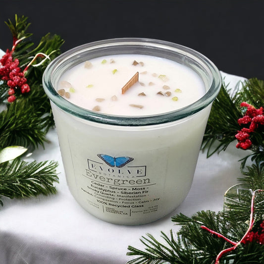 Evolve Botanica Rocks Candle Evergreen with wood wick, featuring Peridot and Smoky Quartz gemstones in a soy candle.