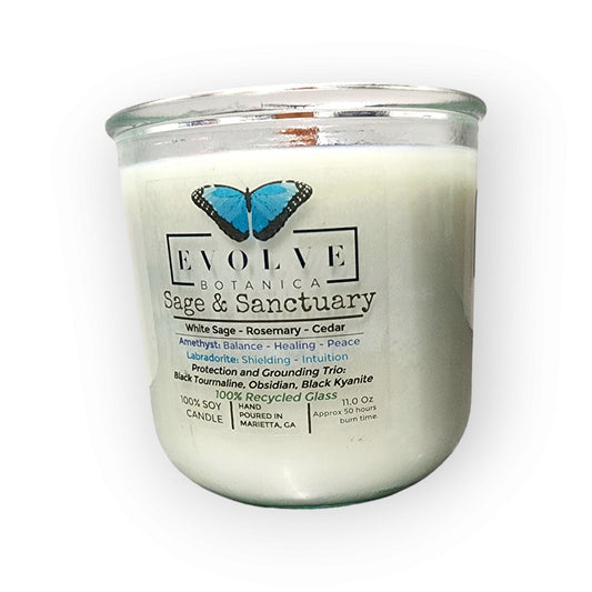 Evolve Botanica Rocks Candle Sage & Sanctuary with black kyanite, tourmaline, obsidian, amethyst, and labradorite crystals.