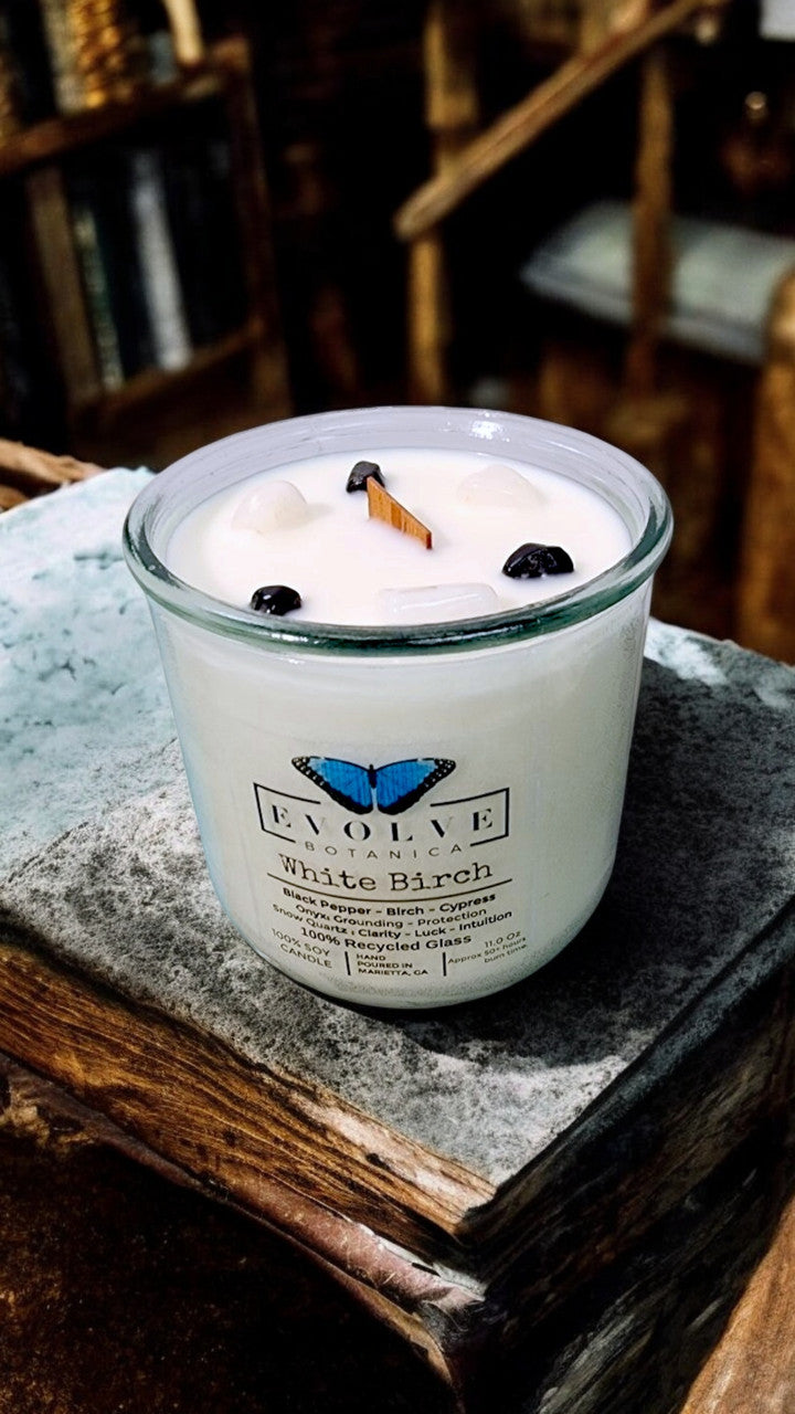 White Birch soy candle by Evolve Botanica with wood wick, snow quartz, and onyx gemstones, in a sleek jar.