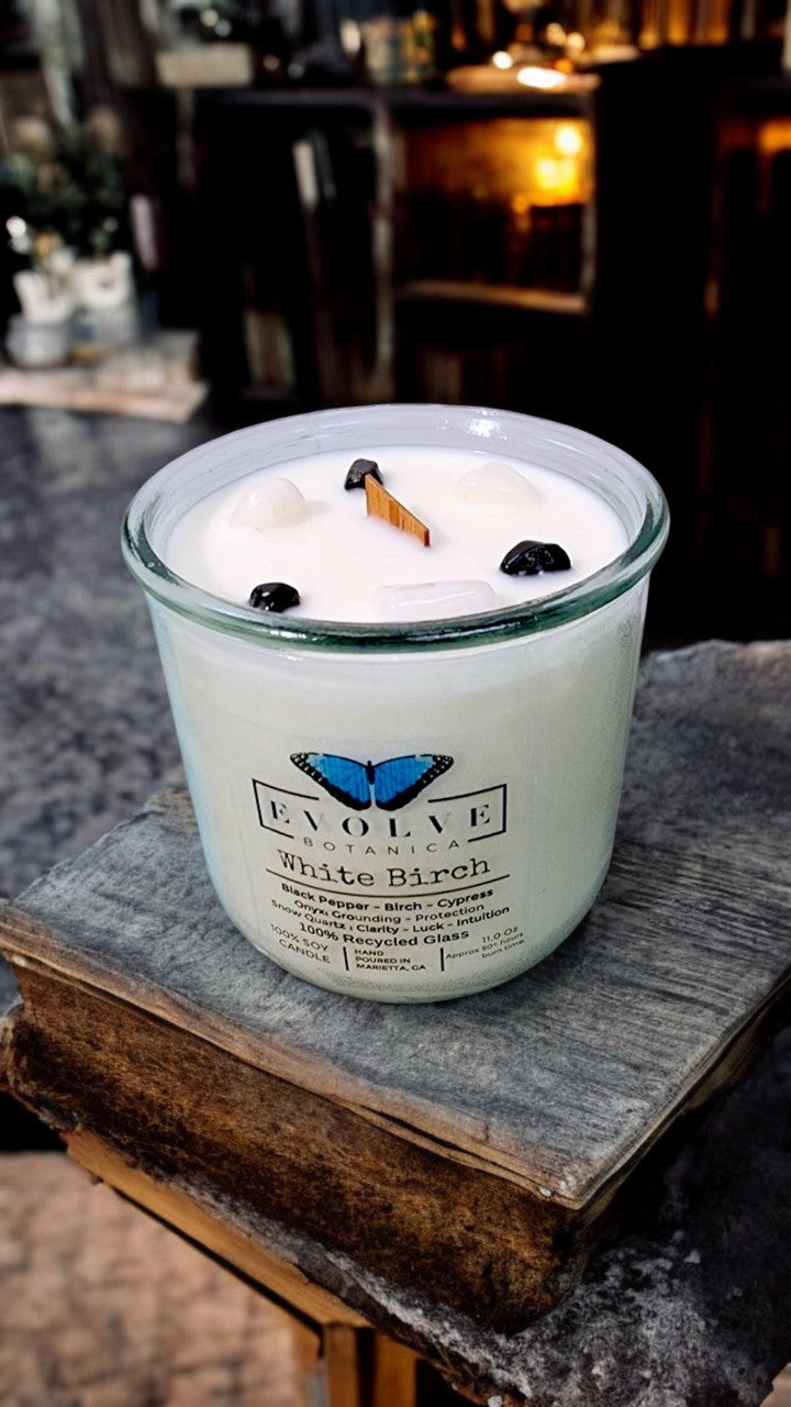 White Birch Rocks Candle by Evolve Botanica featuring a wood wick, Snow Quartz, Onyx gemstones, and soy wax in a natural setting.