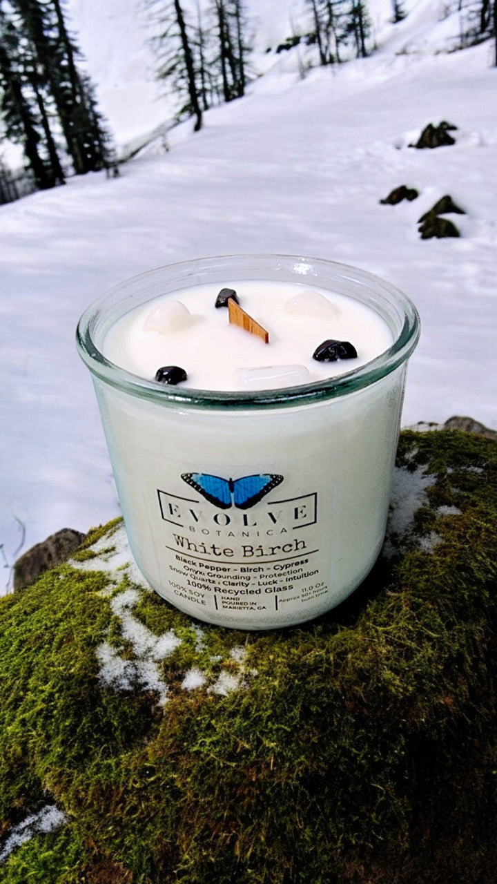 White Birch Rocks Candle by Evolve Botanica with wood wick, snow quartz, and onyx gemstones in a soy candle.