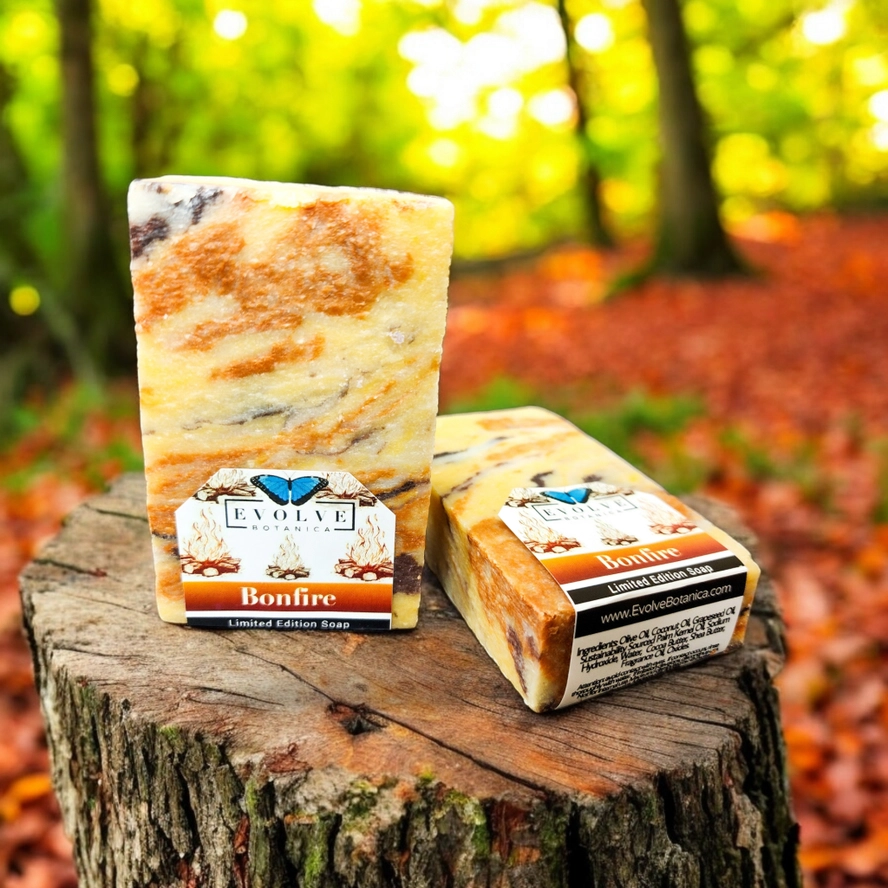 Evolve Botanica Seasonal Soap Bonfire with festive holiday packaging, featuring a warm, woodsy scent for Christmas.