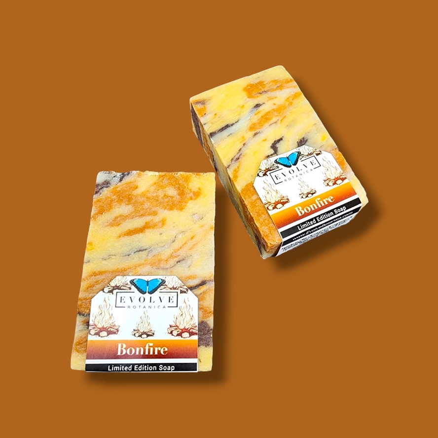 Evolve Botanica Seasonal Soap Bonfire with festive holiday design and warm, smoky scent for Christmas celebrations