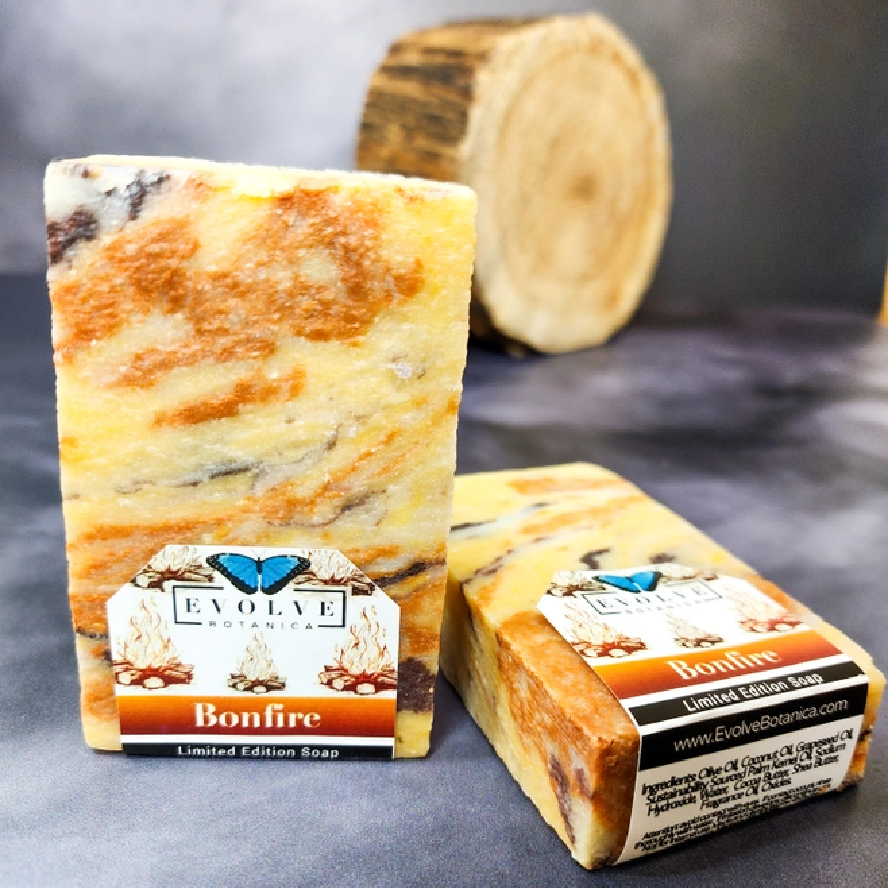 Evolve Botanica Seasonal Soap Bonfire with festive Christmas packaging, featuring warm, smoky fragrance and holiday-themed design.