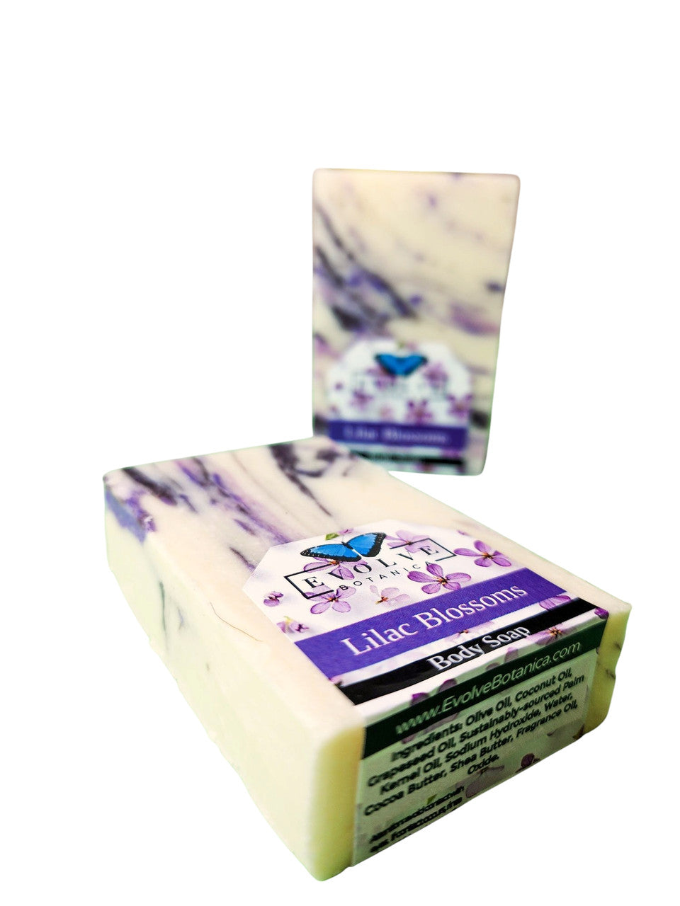 Evolve Botanica Seasonal Soap with Lilac Blossoms, showcasing a beautifully wrapped floral soap bar with lilac floral design.