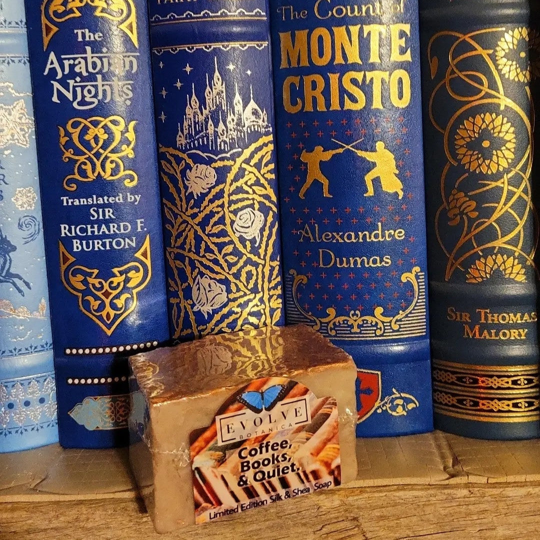 Evolve Botanica Specialty Soap featuring coffee, books, and quiet-themed packaging in a limited edition design.