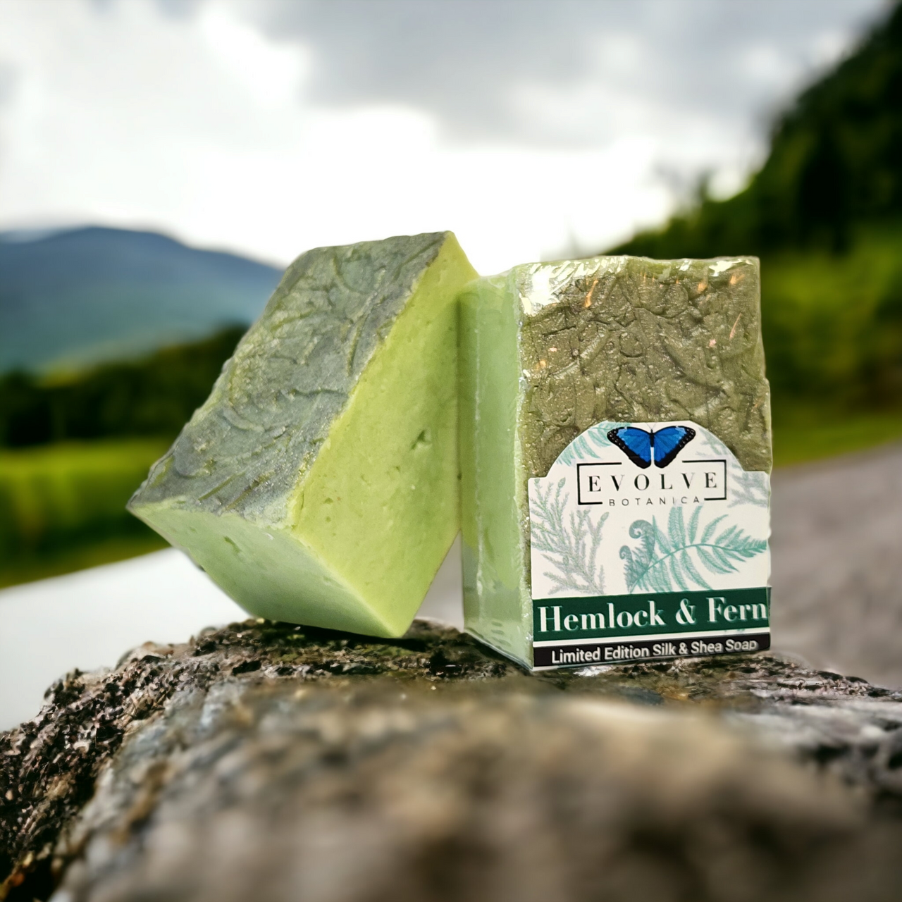 Evolve Botanica specialty soap with hemlock and fern scent, showcasing a spring, seasonal design for Father's Day.