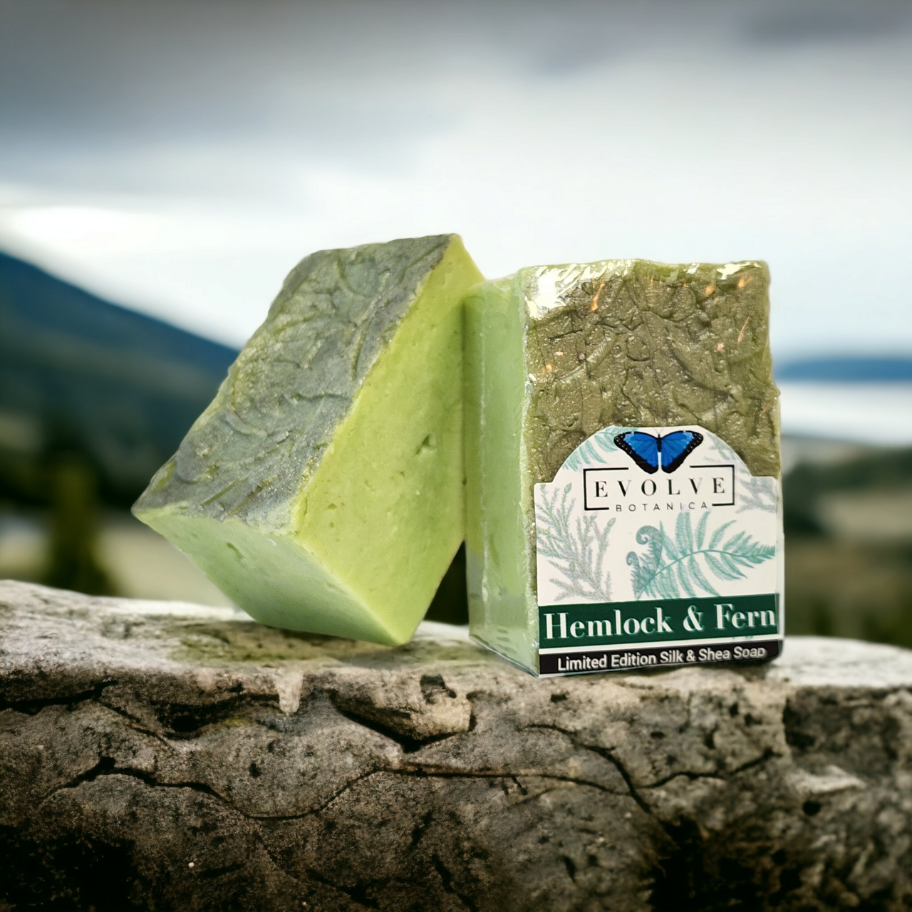 Evolve Botanica Hemlock & Fern Specialty Soap with spring floral and fern scent, perfect for seasonal or Father’s Day gifts.