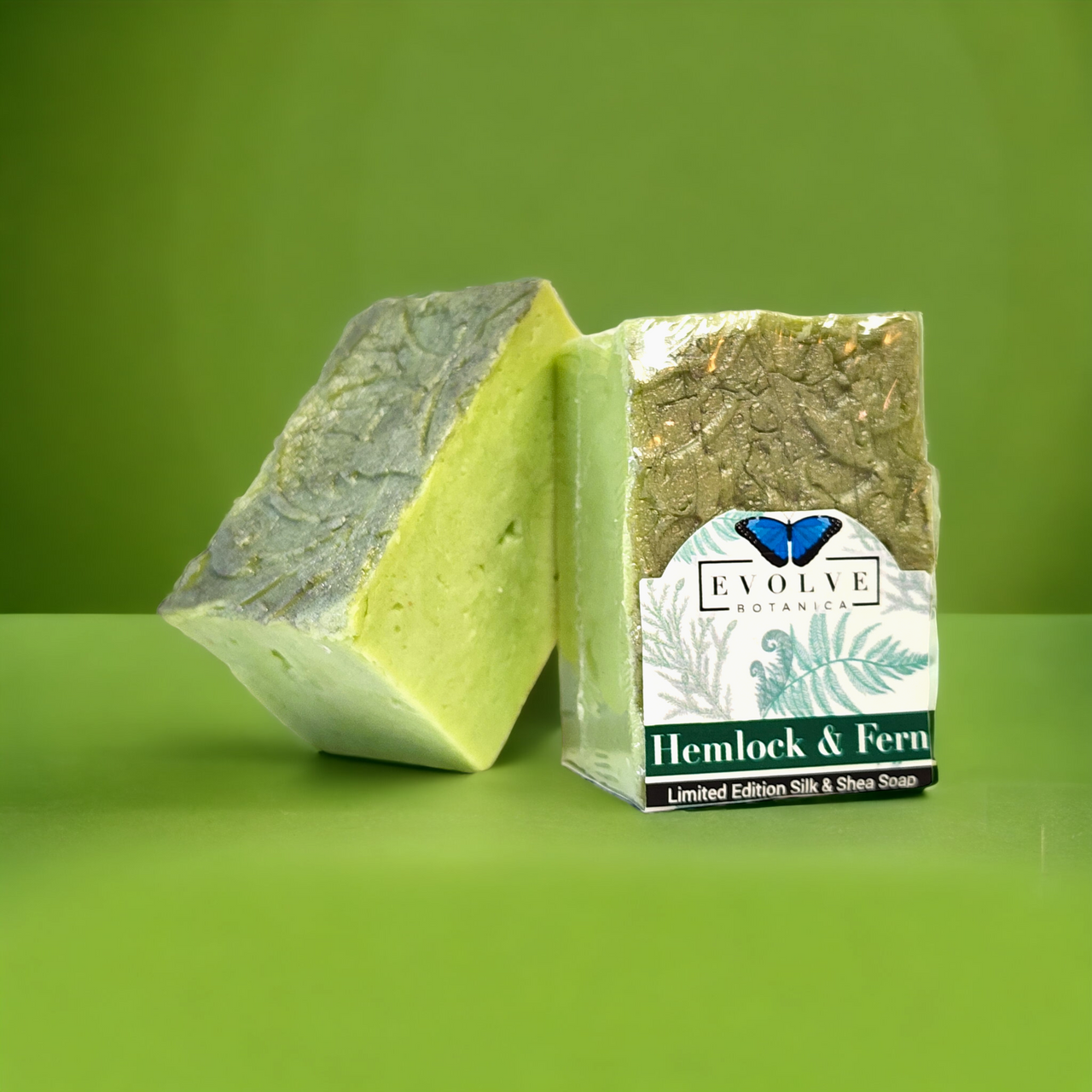 Evolve Botanica specialty soap with hemlock and fern, seasonal spring scent for Father's Day, featuring natural botanical ingredients.