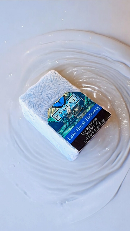 Evolve Botanica Lake House Hideaway limited edition salt bar soap with natural ingredients and soothing texture.