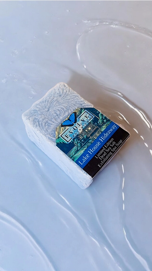 Evolve Botanica Lake House Hideaway specialty salt soap bar with natural ingredients and limited edition packaging.