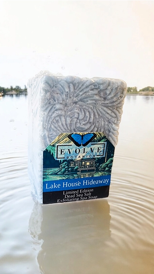 Evolve Botanica Lake House Hideaway limited edition salt bar soap with natural ingredients and relaxing scent.