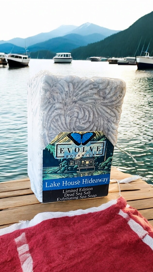Evolve Botanica Lake House Hideaway specialty salt soap bar with natural ingredients, limited edition skincare product.