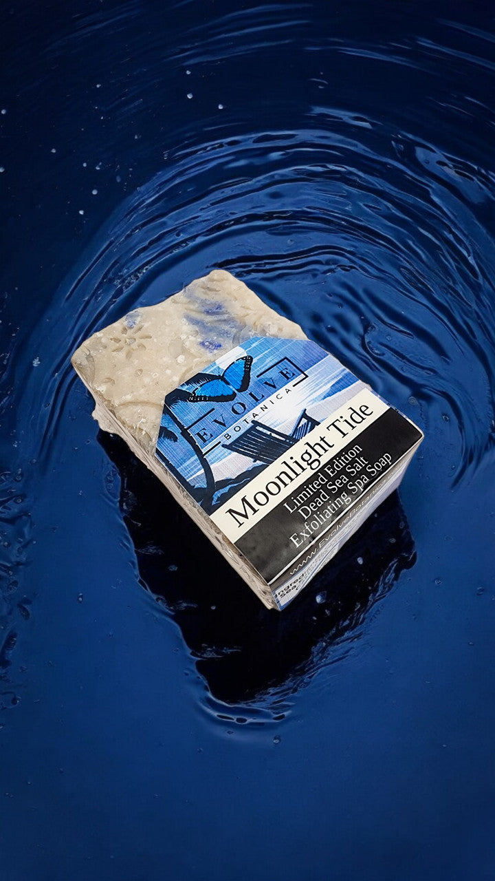 Evolve Botanica Moonlight Tide Specialty Salt Bar soap with a sleek design, showcasing its limited edition packaging and salt infusion.