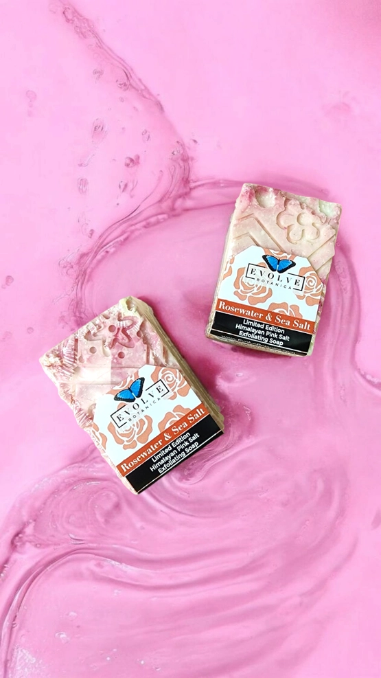 Evolve Botanica specialty soap bar with rosewater and sea salt, limited edition salt bar, featuring floral and salt textures.