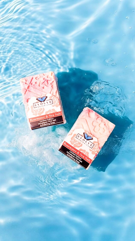 Evolve Botanica specialty soap bar with rosewater and sea salt, limited edition salt bar showing the textured surface and floral design.