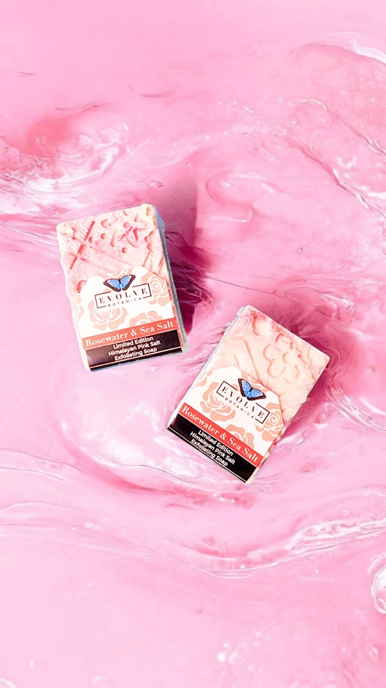 Evolve Botanica Rosewater & Sea Salt Specialty Soap bar with floral and salt crystal textures, limited edition skincare product