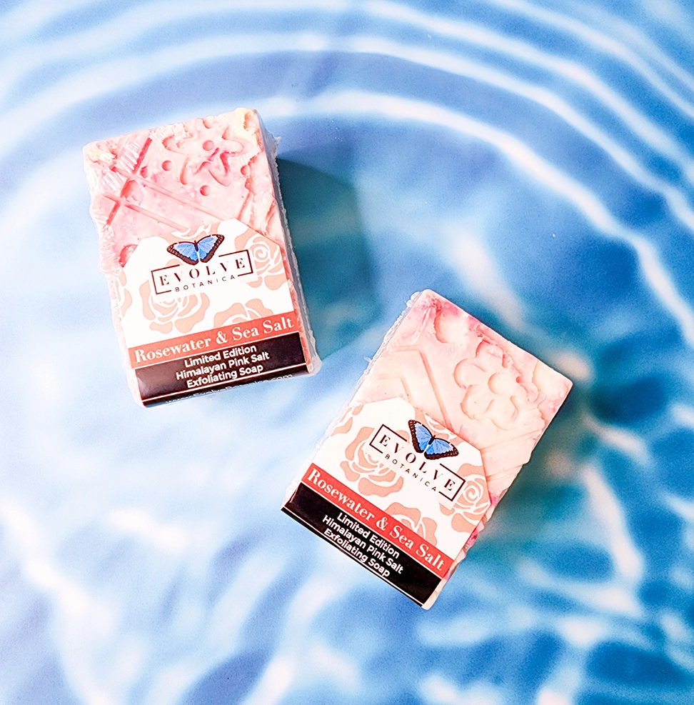 Evolve Botanica Rosewater & Sea Salt Specialty Soap bar with natural ingredients, limited edition salt bar for skin cleansing.