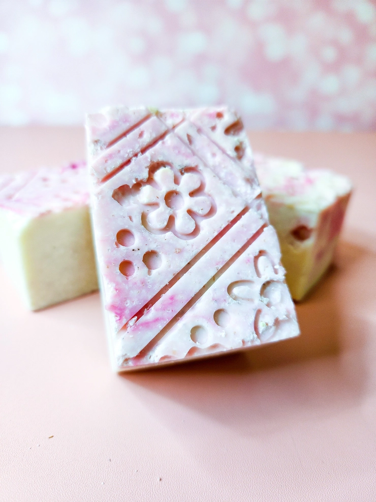 Evolve Botanica Rosewater & Sea Salt Specialty Soap bar with floral and salty textures, limited edition salt bar design.