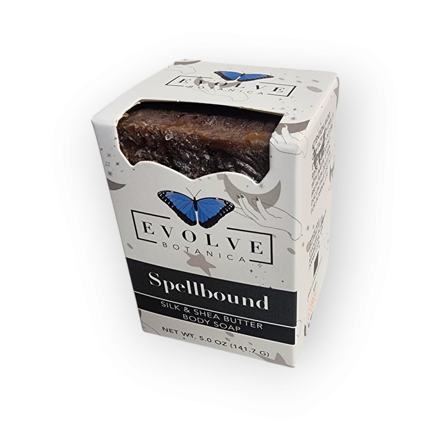 Evolve Botanica Spellbound seasonal Halloween soap with swirling purple and black design, scented with herbal and botanical ingredients.