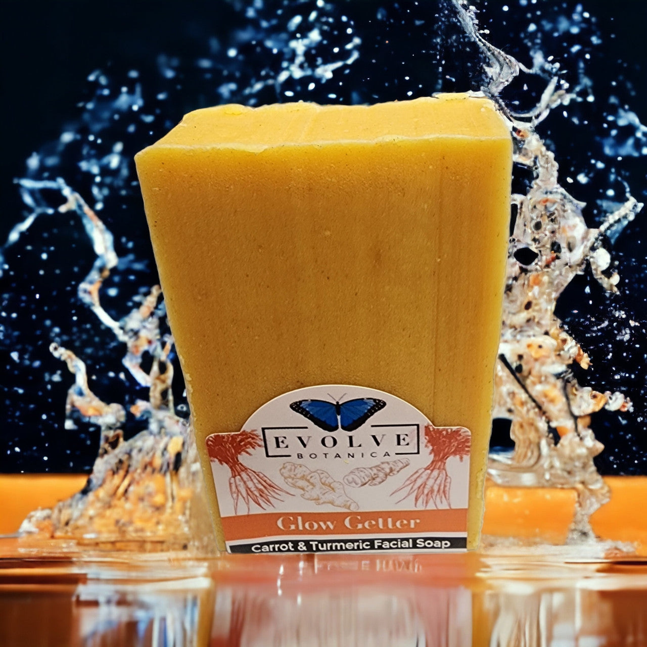 Evolve Botanica Glow Getter facial soap with carrot, turmeric, and honey, featuring a natural, moisturizing bar for glowing skin.