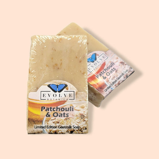 Evolve Botanica Patchouli & Oats Standard Soap bar with natural ingredients and earthy scent, limited edition product.
