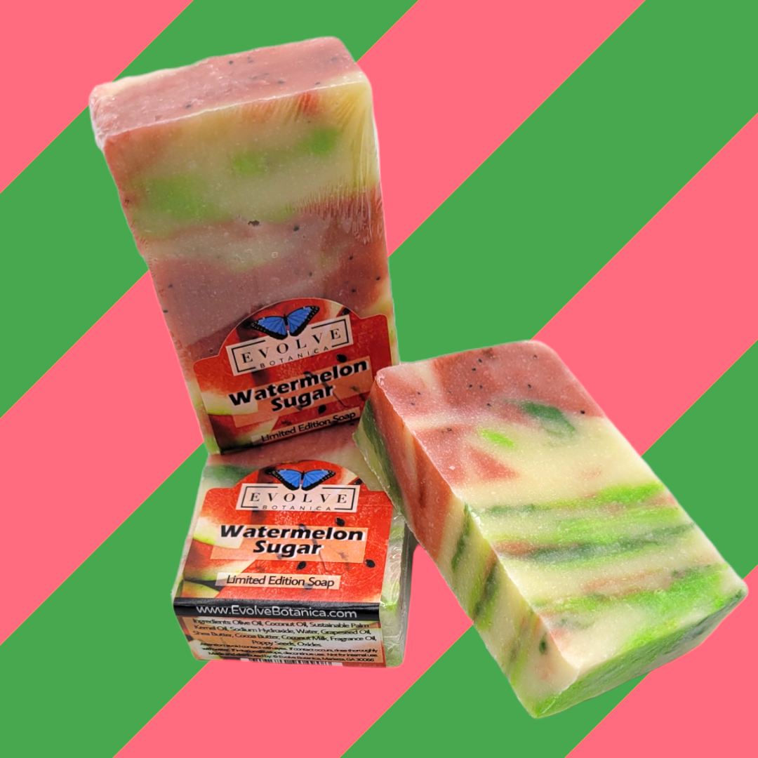 Evolve Botanica Watermelon Sugar Limited Edition Standard Soap bar with vibrant watermelon scent and colorful packaging.