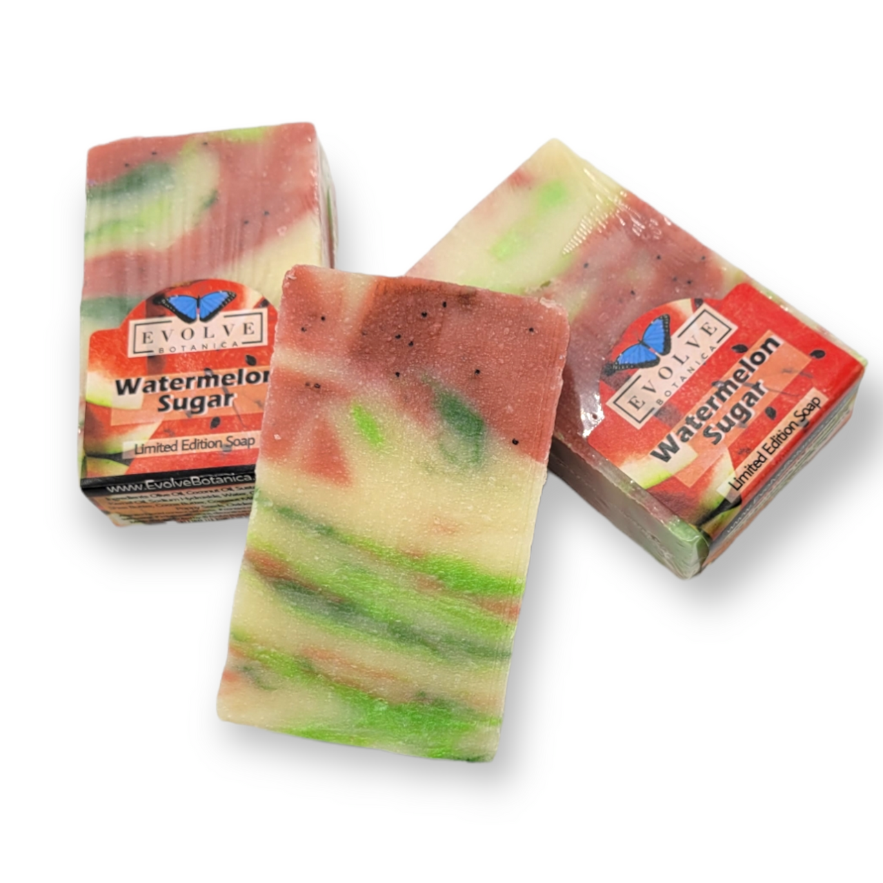 Evolve Botanica Watermelon Sugar Standard Soap bar with bright pink and green packaging, limited edition design.