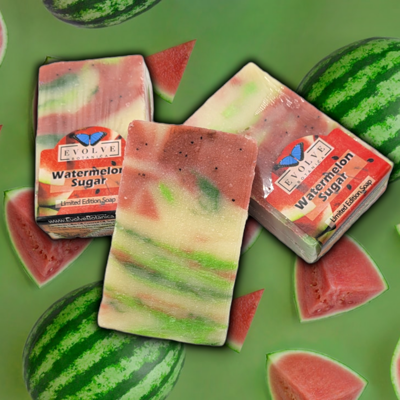 Evolve Botanica Watermelon Sugar Standard Soap bar with vibrant watermelon design for limited edition skincare.