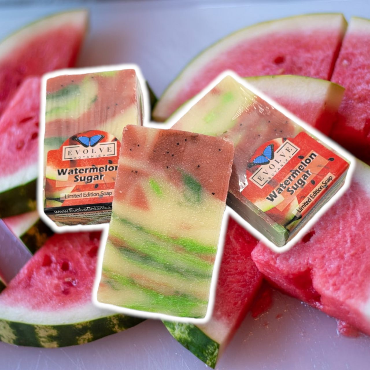 Evolve Botanica Watermelon Sugar Limited Edition soap bar with watermelon scent and vibrant pink packaging.