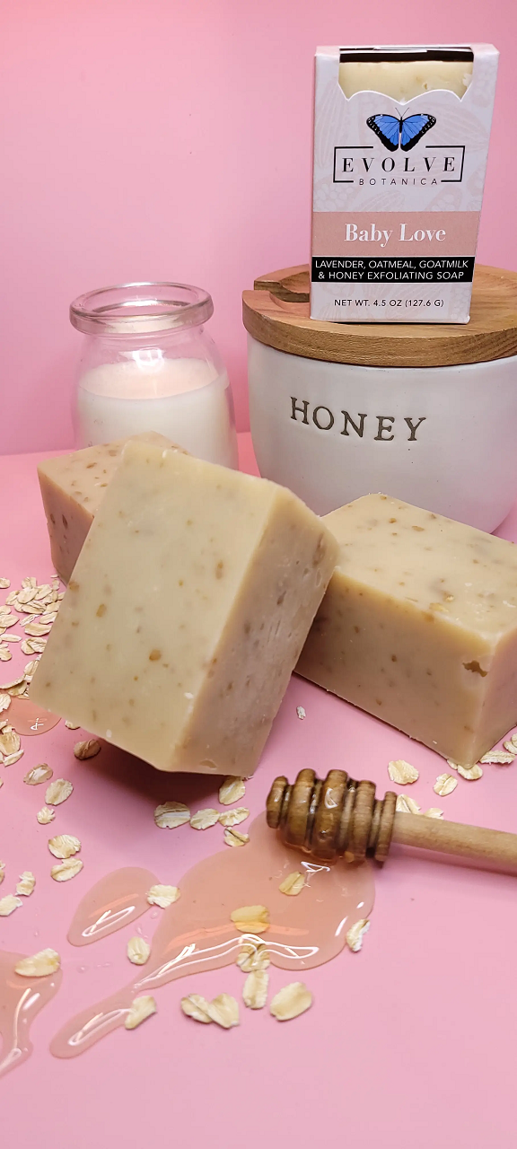 Evolve Botanica Baby Love Goatmilk Specialty Soap wrapped in unprinted glassine bag, showcasing a gentle, natural soap product.