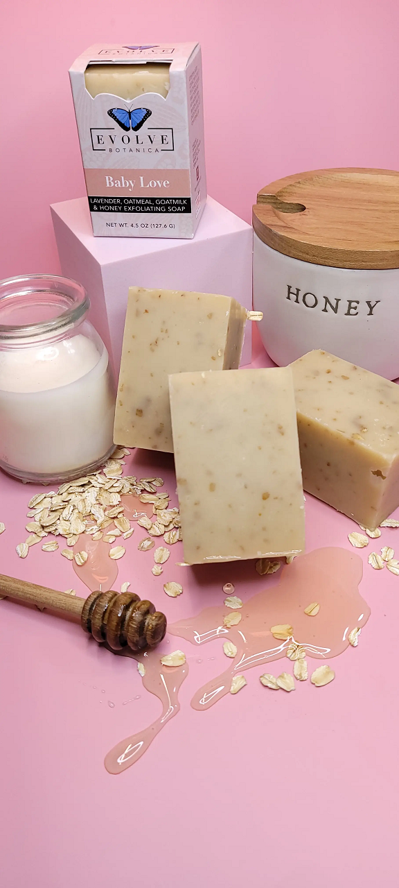 Evolve Botanica Baby Love Goatmilk Specialty Soap wrapped in unprinted glassine bag, natural skincare for babies and sensitive skin.