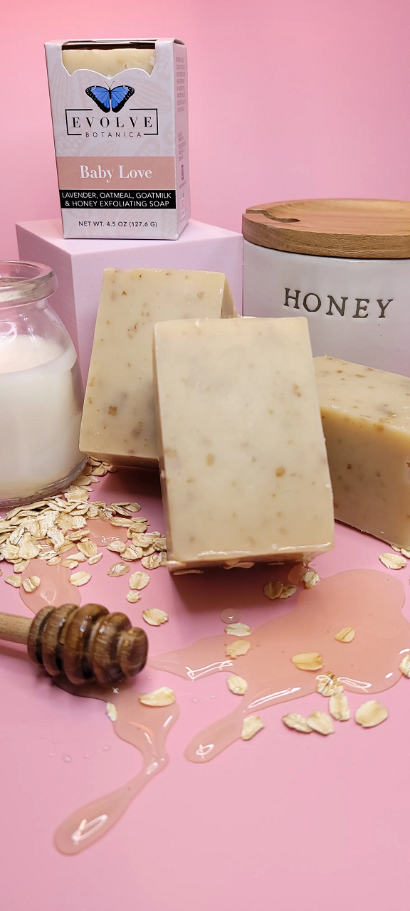 Evolve Botanica Baby Love Goatmilk Specialty Soap wrapped in unprinted glassine bag for shipping