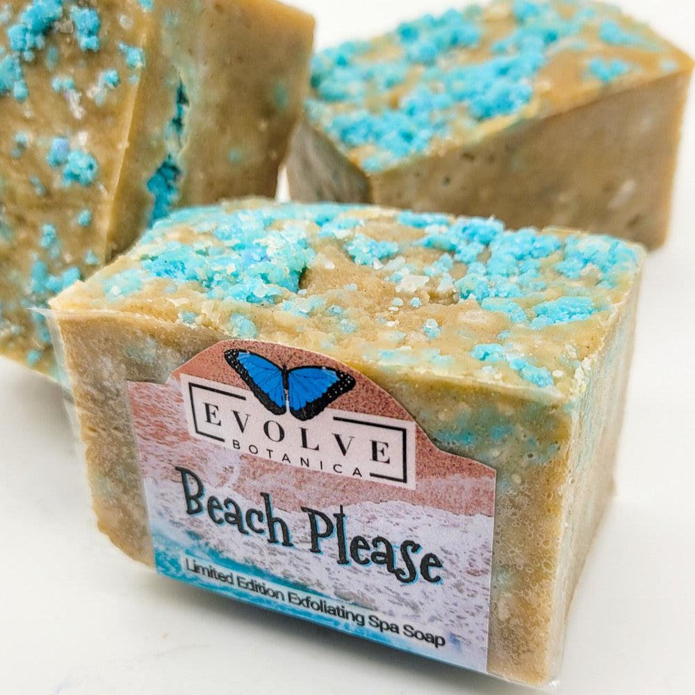 Evolve Botanica Beach Please limited edition specialty soap wrapped in unprinted glassine bag, ready for shipping.