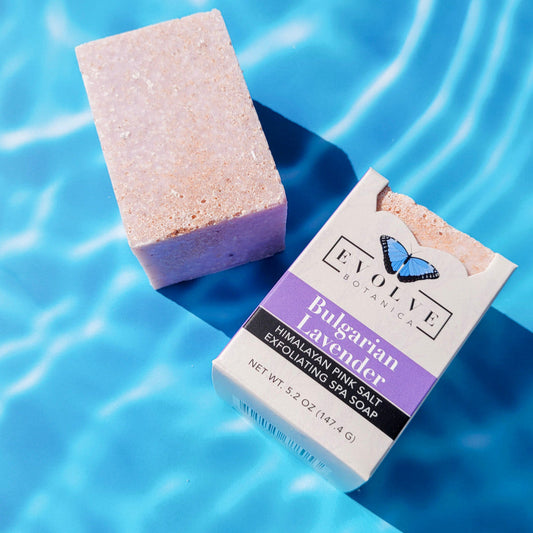 Evolve Botanica Bulgarian Lavender Salt Bar in unprinted glassine bag, showcasing the specialty soap with lavender salt ingredients.