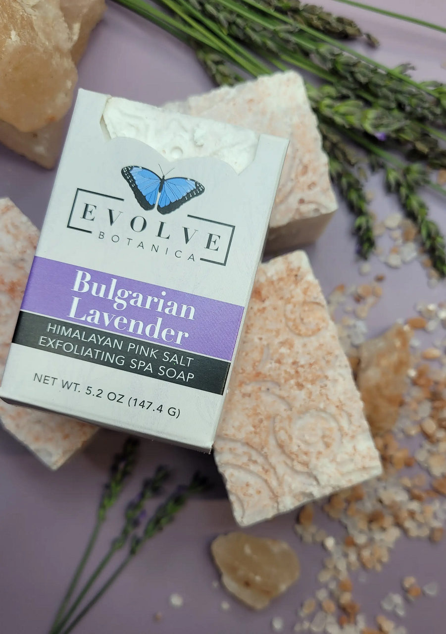 Bulgarian Lavender Salt Bar soap by Evolve Botanica in a clear glassine bag, showcasing the natural lavender salt and soap texture.
