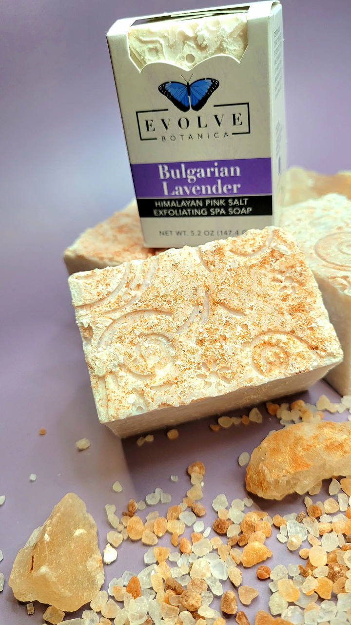 Bulgarian Lavender Salt Bar soap by Evolve Botanica wrapped in unprinted glassine bag, showcasing natural soap with lavender and salt ingredients.