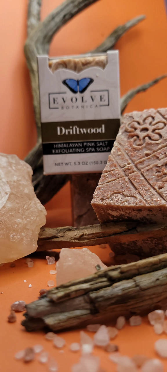 Evolve Botanica Driftwood Salt Bar specialty soap in unprinted glassine bag, showcasing natural ingredients and rustic design.