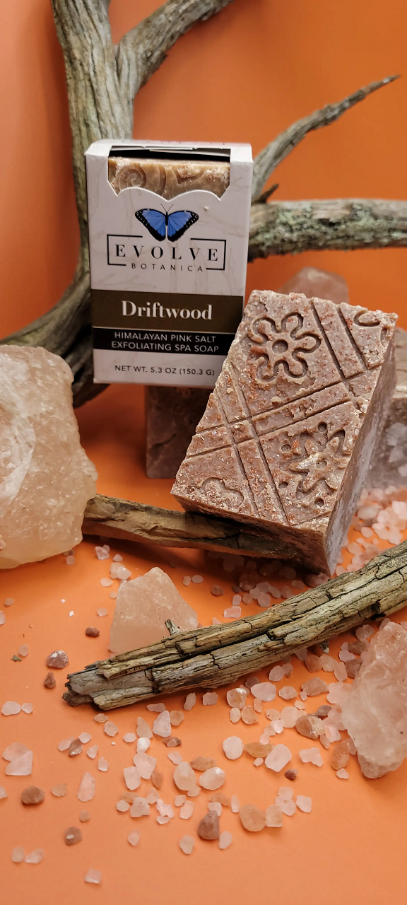 Evolve Botanica Driftwood Salt Bar specialty soap in unprinted glassine bag, showcasing natural exfoliating salt and rustic design.