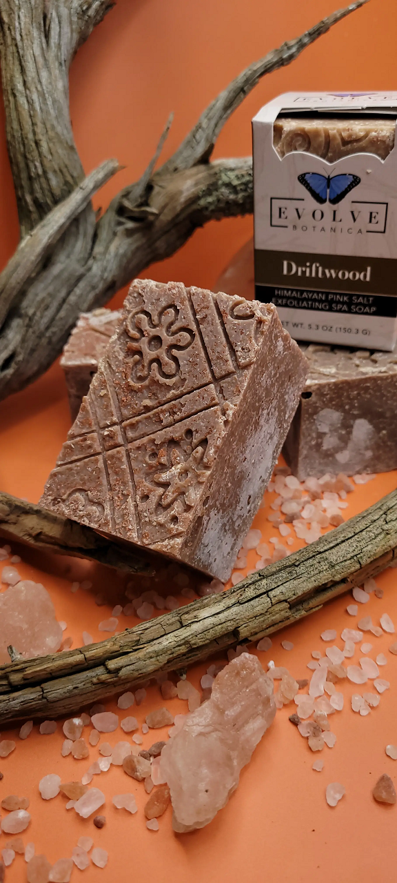 Evolve Botanica Driftwood Salt Bar, natural specialty soap wrapped in unprinted glassine bag for shipping