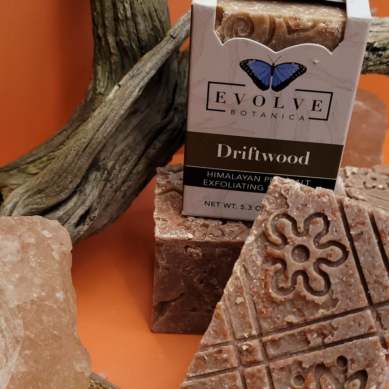Evolve Botanica Driftwood Salt Bar specialty soap in unprinted glassine bag, showcasing natural, handcrafted soap with salt ingredients.